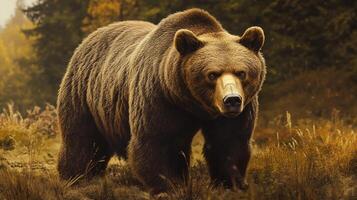 A powerful brown bear stands majestically in a sun-drenched forest, showcasing nature's beauty. It is alert and focused in its natural habitat. photo