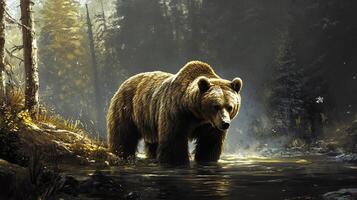Majestic brown bear wading through a shallow river in a forest setting, creating ripples in the water as it moves slowly along. photo