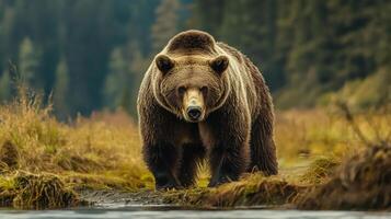 Grizzly in a serene setting, captivating with its powerful stance. Eye contact intensifies the wild essence of untamed nature. photo