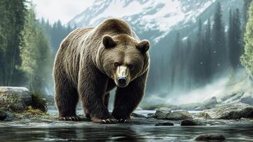 A majestic grizzly bear stands by the water's edge, its powerful frame set against a backdrop of mountains and forests. photo