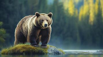 Grizzly bear stands majestically on a rocky, mossy outcropping in a serene lake, forest backdrop, exuding power and tranquil wildlife. photo