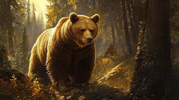 A golden-brown bear stands in the middle of the forest with sunlight filtering through the trees, creating a majestic and peaceful scene. photo
