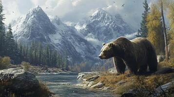 Majestic bear in a serene mountain landscape, reflecting nature's raw beauty. A scenic vista with snow-capped peaks and lush forestry. photo