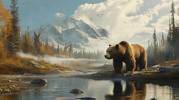 A majestic bear stands by a serene mountain lake, framed by autumn trees and snow-capped peaks, evoking a sense of peaceful wilderness. photo