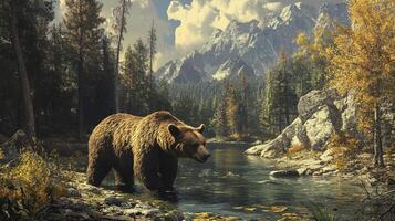 A large brown bear is wading through a shallow stream in a mountain forest, surrounded by trees and a rocky landscape. photo