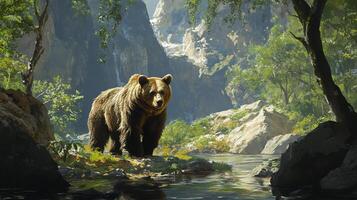 A majestic brown bear pauses by a tranquil river, framed by a backdrop of lush greenery and towering, snow-capped mountains in a serene landscape. photo
