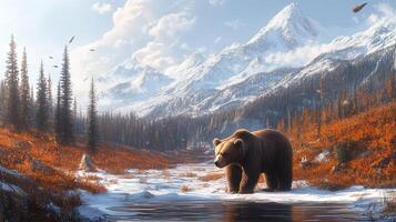 A lone bear near a snow-covered stream surrounded by forests and towering, snow-capped mountains under a partially cloudy sky. photo