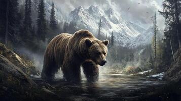 Grizzly bear wading through a misty mountain stream, against a backdrop of snow-capped peaks and dense forest in a wild and scenic nature. photo