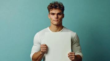 Attractive man holding blank poster. The man's face shows confidence, and the poster's blank surface enables versatile messaging. photo