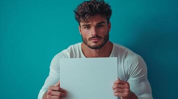 A handsome man holds a blank white sign against a vibrant teal background, offering creative potential for messages or design. photo