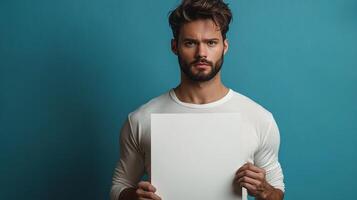 A handsome man with a beard holding a blank white sign in front of a blue background. Perfect for advertising and announcement concepts. photo