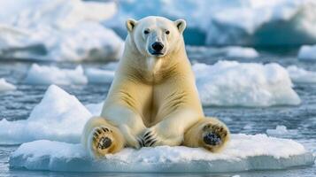 Majestic polar bear sitting on icy floe with paws crossed, gazing into the distance against a backdrop of ice and open water. photo