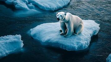 Lone polar bear sits adrift on melting ice floe, a stark reminder of climate change and habitat loss in the fragile Arctic environment. photo