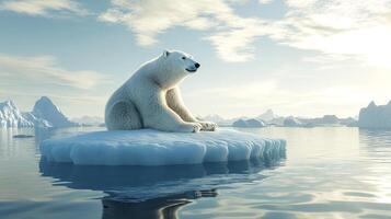 Polar bear on a small iceberg surrounded by water, gazing out against a backdrop of icebergs, sea, and a partly cloudy sky. photo