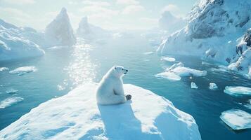 A lone polar bear rests atop an icy peak, the vast expanse of the Arctic Ocean stretching behind, a poignant reminder of the fragility of the north. photo