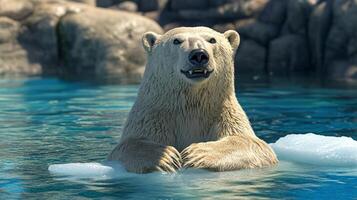 A majestic polar bear partially submerged in cool, clear water, resting its paws on a small ice floe on a bright sunny day. photo