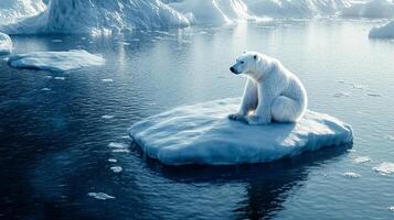 Polar bear stranded on melting iceberg. A symbol of climate change and its impact on Arctic wildlife. Vulnerability and plight. photo