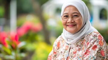 A smiling woman in a hijab, wearing glasses and a floral top, exudes warmth and grace in a garden setting. Her serene presence is captivating. photo