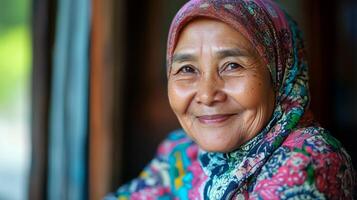 A portrait of a smiling elderly woman wearing a floral headscarf, radiating warmth and wisdom with gentle eyes and kind expression. photo