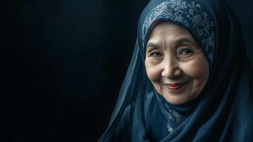 Serene portrait of an elderly woman with a gentle smile, adorned in a traditional headscarf, radiating warmth and grace in a dark setting. photo