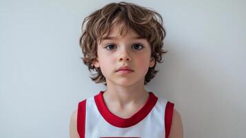 Portrait of a young child with curly brown hair, wearing a white and red top, against a light grey backdrop. photo