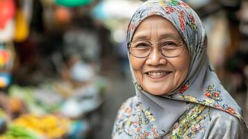 Portrait of a smiling woman with glasses and a floral headscarf, radiating warmth and contentment in a vibrant market setting. photo