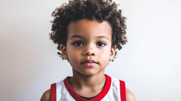 Portrait of a young boy, with afro textured hair, gazing directly at the viewer, set against a plain light backdrop. Calm and composed. photo
