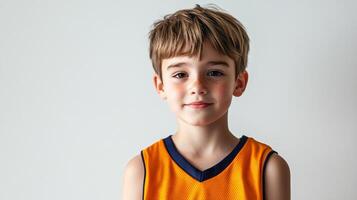 Young boy with freckles poses in a jersey, looking directly at the camera with a slight smile against a plain, neutral backdrop. photo