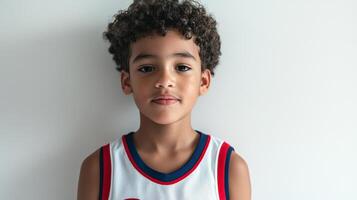 Portrait of a young boy with curly hair wearing a sports jersey. He looks directly at the camera with a calm expression. photo
