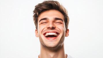 Man with expressive smile, eyes closed, radiating positive energy on a bright background, showcasing joy and exuberance in a studio portrait. photo