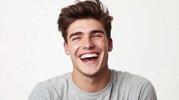 Radiant joy captured in a bright smile, showcasing infectious laughter and a carefree spirit in a simple studio setting. photo