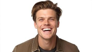 Laughing man with styled hair and a neutral top in front of a white backdrop exudes joy and confidence with a genuine smile. photo