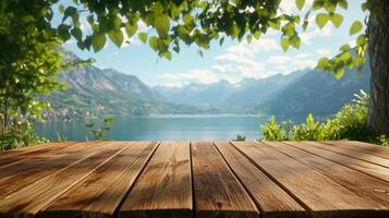Scenic mountain lake view with a rustic wooden deck, ideal for showcasing outdoor products or a serene nature setting. photo