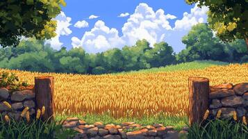 A tranquil pixel art landscape featuring a golden wheat field under a blue sky with fluffy clouds, framed by a rustic stone wall. Serene and calm. photo