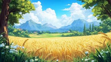 Golden wheat field stretches toward mountains under a bright sky, framed by trees, evoking peace and abundance. photo