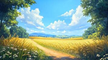 Scenic wheat field under a bright blue sky with fluffy clouds, a path leading towards distant green hills in a serene countryside landscape. photo