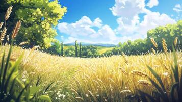 Scenic wheat field with a bright blue sky dotted with fluffy white clouds, set against a backdrop of rolling hills and lush green trees. photo