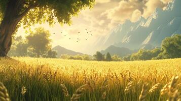 Golden wheat field bathed in sunlight, with mountains in the distance and birds flying through the sky on a beautiful summers day. photo