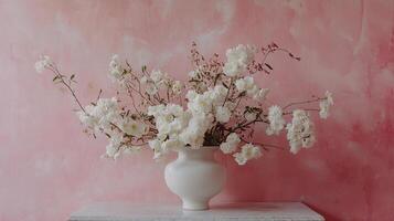 Elegant display of white blossoms artfully arranged in a vase. The light pink background provides a soft, complementary backdrop. photo