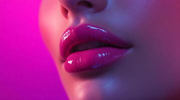 Close-up of glossy pink lips, highlighted by vibrant neon lighting, showcasing a bold and modern beauty aesthetic. photo