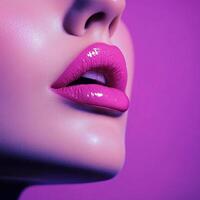 Close-up of a woman's face with vibrant pink lips and a smooth complexion against a purple backdrop, showcasing beauty and makeup artistry. photo