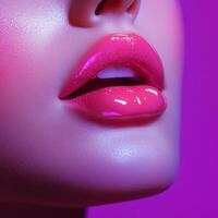Close-up of glossy pink lips against a vibrant pink backdrop. The image highlights beauty, texture, and color in a modern, stylish way. photo
