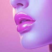 A close-up studio shot reveals a beautiful face with pink lips and radiant skin, bathed in soft, glowing light that highlights its features. photo