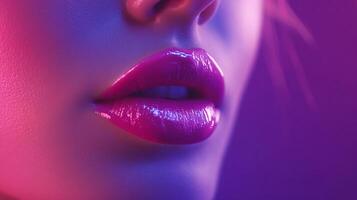 Close-up of glossy, magenta lips, highlighted by vibrant pink and purple lighting, creating a captivating and stylish visual statement. photo