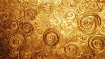 Golden abstract painting with textured swirling designs creating a dynamic and visually captivating pattern across the entire canvas. photo