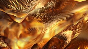 Golden textured surface. Abstract waves with line patterns create a luxurious look. High detail highlights rich metallic effect and movement. photo