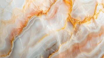 Elegant background showcasing swirling patterns of white and peach tones, enhanced with shimmering golden veins for luxury and sophistication. photo