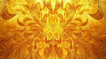 An intricate golden fractal art piece featuring symmetrical patterns and a central floral design, radiating light and warmth from within. photo