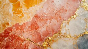 Abstract geological formation featuring vibrant colors and intricate patterns, complemented by delicate veins of shimmering gold. photo