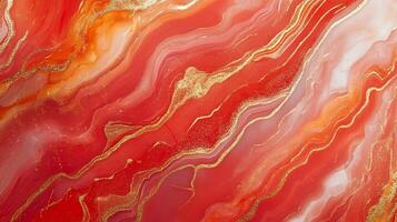 Fiery abstract art with swirling red, orange, and white hues accented by shimmering gold veins. Decorative texture for various projects. photo